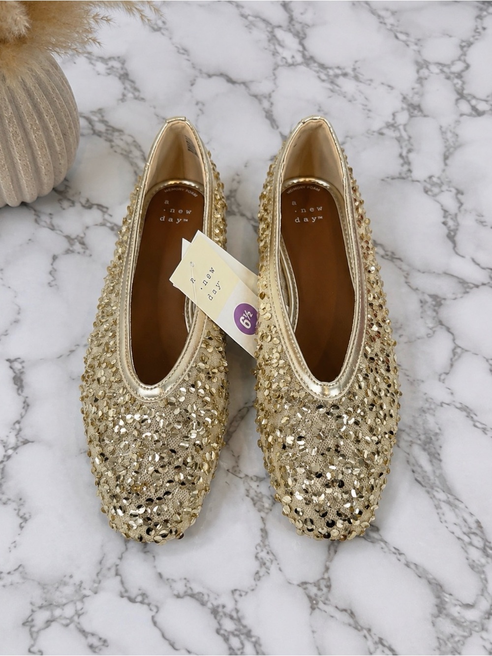 a new day Gold Sequin Slip-On Ballet Flats Size 6.5